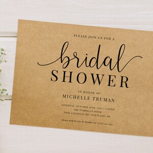 May include: A brown paper bridal shower invitation with the text "PLEASE JOIN US FOR A bridal SHOWER IN HONOR OF MICHELLE TRUMAN SATURDAY, OCTOBER 14TH, 2022 | 2:00PM THE POMPELLO ROOM 9384 LOUGHLIN RD | PORTLAND, OR please RSVP to Lily by October 1st | (503) 555-5555"