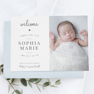 Welcome Baby Announcement With Photo, Photo Birth Announcement Template, Editable, Printable,