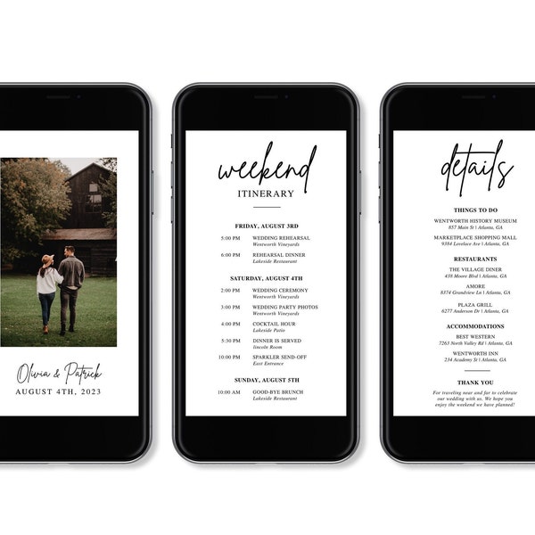 Mobile Wedding Weekend Itinerary Template, Editable Wedding Schedule, Electronic Schedule, Weekend Event Details, Digital Itinerary, AD01