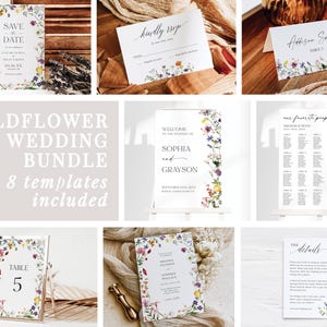Paquete de plantillas para bodas con flores silvestres, invitación para guardar la fecha, paquete de carteles, plano de asientos, tarjeta de inserción, editable, imprimible, AD35