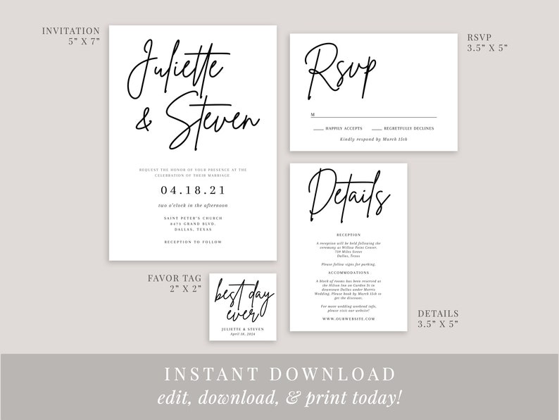 Signature Script Wedding Invitation Set Template, Handwriting Wedding Invitation, Printable Template, Instant Download, Minimalist, AD01 image 2