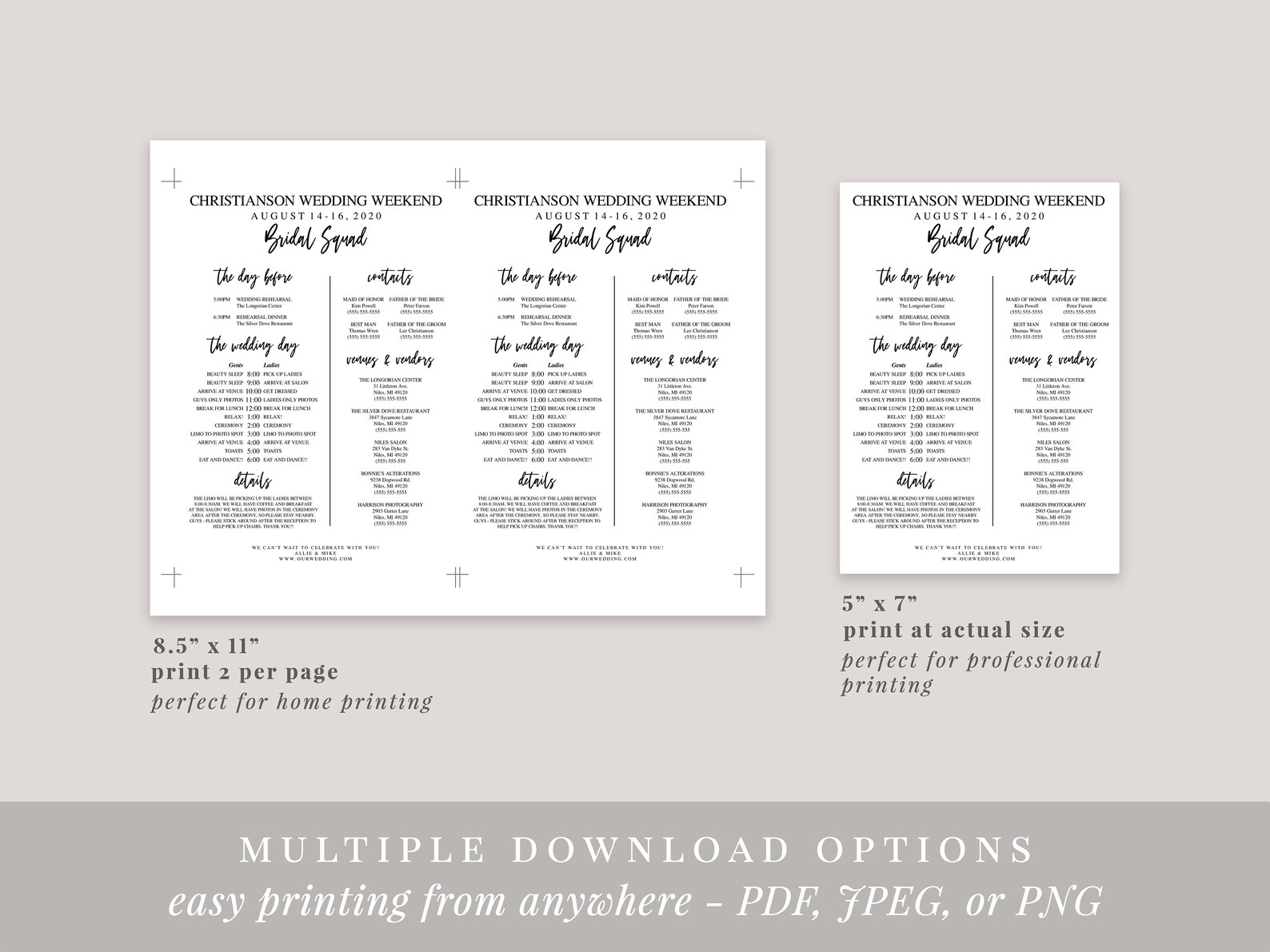 Printable Bridal Party Schedule Editable Wedding Itinerary - Etsy
