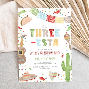 Drie-esta Fiesta thema verjaardagsfeestje uitnodiging sjabloon, peuter verjaardag, Mexicaanse Fiesta verjaardag, bewerkbaar, afdrukbaar, download, AD57