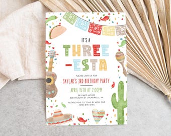 Three-esta Fiesta Theme Birthday Party Invitation Template, Toddler Birthday, Mexican Fiesta Birthday, Editable, Printable, Download, AD57