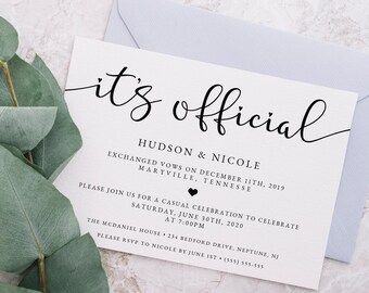 Printed + Shipped It's Official Elopement Announcement, Printable Casual Wedding Reception Invitation, Rustic, Marriage, We Got Married