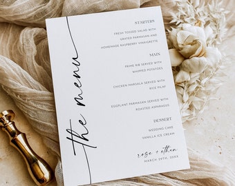 May include: A white wedding menu card with black calligraphy. The menu includes starters, main course, and dessert options. The card also includes the names "rose + ethen" and the date "March 29th, 20XX".