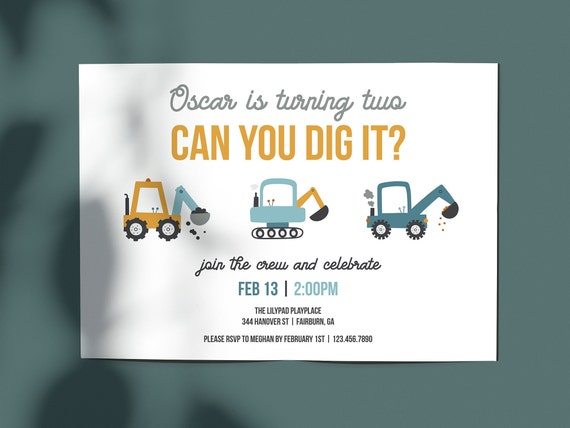 Can You Dig It Boys Birthday Invitation Template, Digger Birthday Party Invite, Construction Vehicles, Printable, Editable, Download, AD43