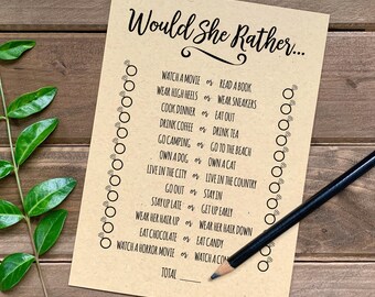 Would She Rather Bridal Shower Game, Printable Bridal Shower Game, Fun Wedding Shower Activity, Quiz For Shower Guests, Download, Editable
