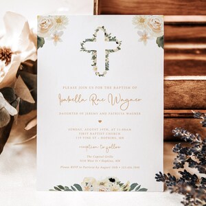 Floral Cross Baptism Invitation, Christening Invitation, First Holy Communion Invitation, Editable Template, Instant Download, AD14