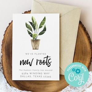 Modèle de faire-part de déménagement, nous avons planté de nouvelles racines, faire-part de déménagement imprimable, nous avons déménagé, bricolage, modifiable, aquarelle, nouvelle maison