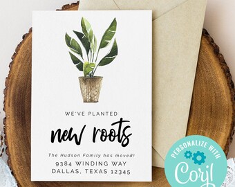 Moving Announcement Template, We've Planted New Roots, Printable Moving Announcement, We've Moved, DIY, Editable, Watercolor, New House