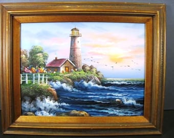 Listing 62 is an original lighthouse painting by C Beralt