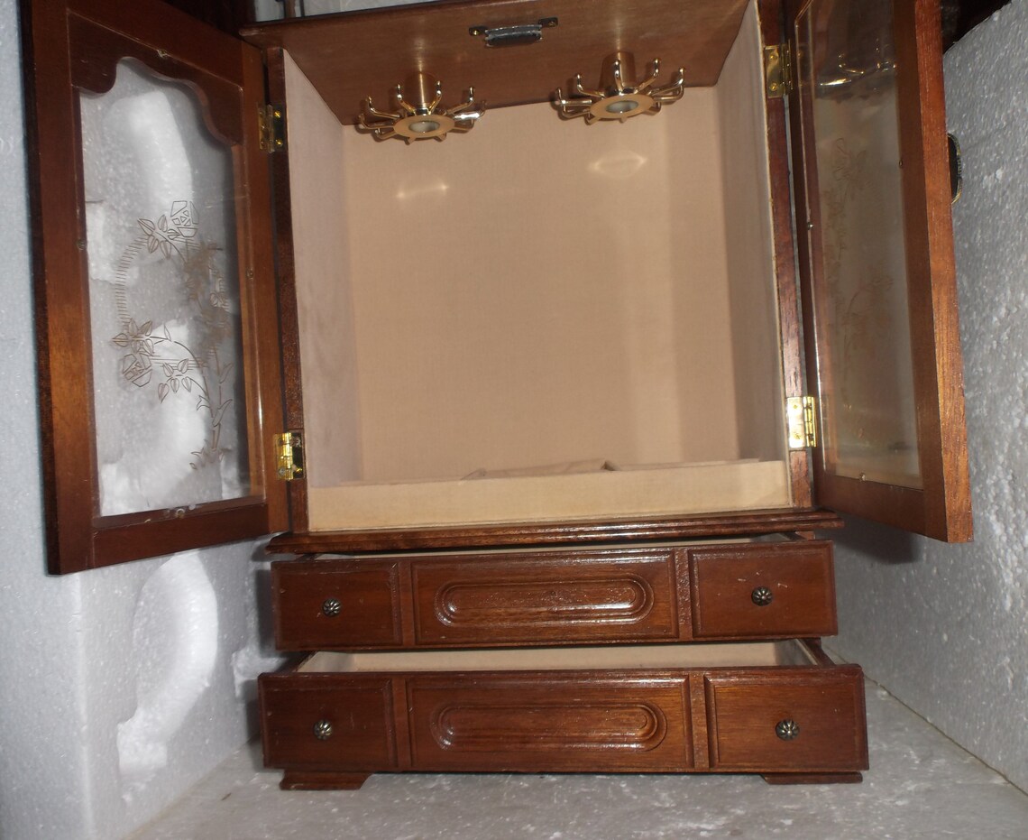 Listing 32 is the wooden jewelry box with etched glass doors Etsy