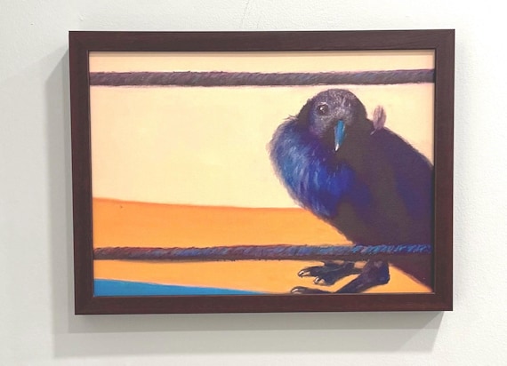 Bird Art on wood giclee print framed , colorful crow from pastel,  giclee wood print , fully framed , fine art wall decor, cottagecore