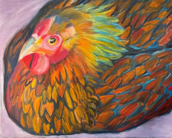 Whimsical vibrant colorful humorous rooster, feathered bird giclee art, printpastel giclee print , great gift , fine art wall decors 8x6