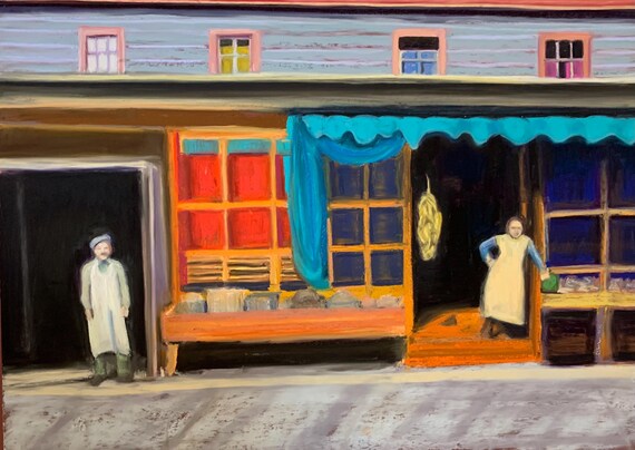 Charming vibrant rustic storefronts painting on giclee print , unique art gift 8 x 6