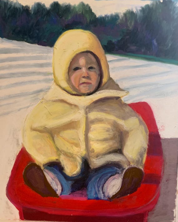 Sledding girl with yellow jacket pastel giclee print , great gift , fine art wall decor 11x 14