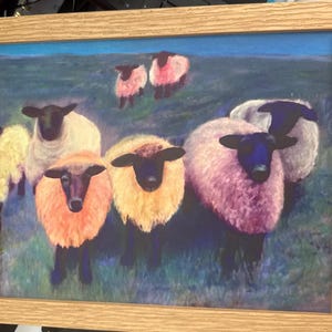 May include: A framed print featuring a group of colorful sheep. The sheep have black faces and legs, with wool in shades of pink, orange, yellow, and white. The background shows a green field and blue sky.