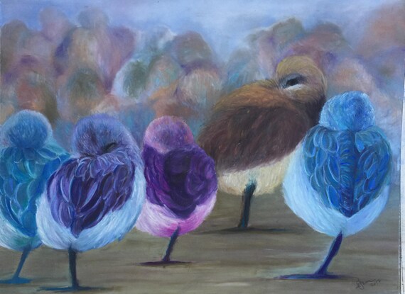 Sleeping vibrantly colored Birds art  Giclee Art Print, Colorful Whimsical Wall Decor (11x14)