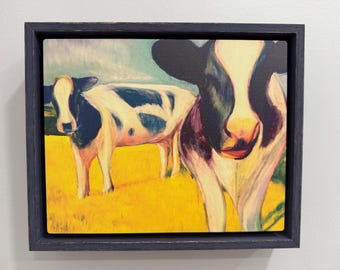 Framed Cow Art Wood Print: Cottagecore