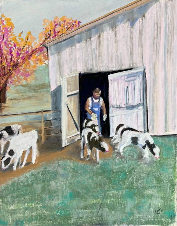 Farming, cow art ,  quaint pastel art , giclee print glicee art , cottagecore, cow wall art ,