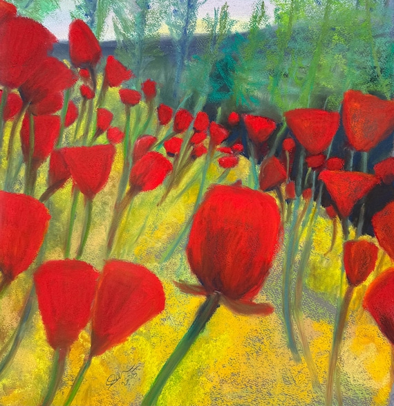 オリジナルパステルポピー絵画：コテージコアウォールアート、15x15 