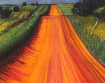 Pintura dramática impresionista de un camino montañoso, impresión artística giclée de 8x6, decoración de pared, estilo cottagecore