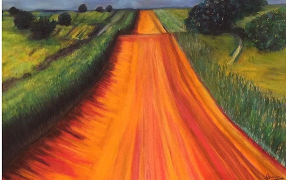 Impressionist Dramatic painting of a hilly road, 8x6 giclee art print , wall decor, cottagecore