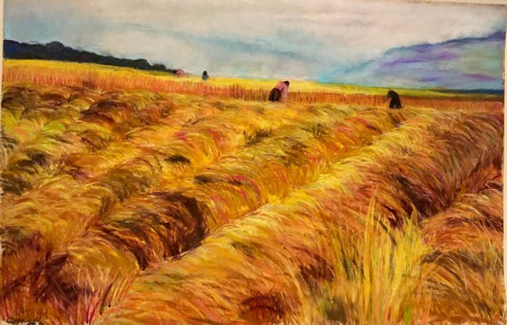 Impressionist painting giclee art print of a dry grass field  landscape, art , giclee print , great gift , fine art wall decor 8x6