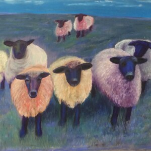 May include: An oil painting depicts a flock of sheep in a field under a blue sky. The sheep have black faces and legs, with wool in shades of white, yellow, and pink. The artwork has a soft, impressionistic style.