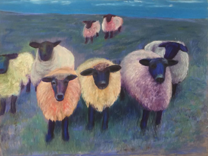 May include: An oil painting depicts a flock of sheep in a field under a blue sky. The sheep have black faces and legs, with wool in shades of white, yellow, and pink. The artwork has a soft, impressionistic style.
