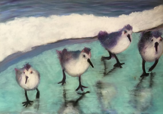 Fun whimsical ocean running birds ,  pastel art , giclee print  14 x 11, wall decor,  home decor, cottagecore