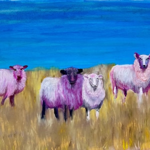 Gicléeprint met grillige schapen: pastel cottagecore-kunst op linnen