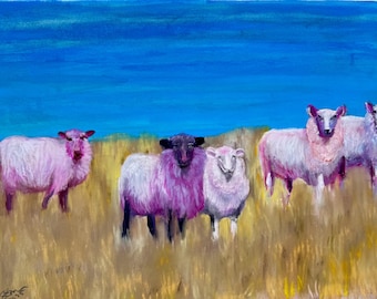 Impresión giclée de ovejas caprichosas: arte cottagecore pastel sobre lino