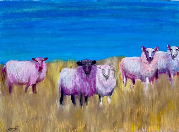 Beautiful Expressive Whimsical sheep Print. Glicee on linen art  paper, whimiscal, fun, fine art, gift, pastel 8 x 6 inch, cottagecore