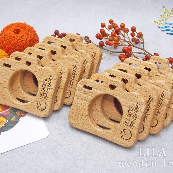 Bulk camera toys Camera teether with logo Wholesale teether Wooden teether Photographer client gift Newborn wooden toy Baby teether