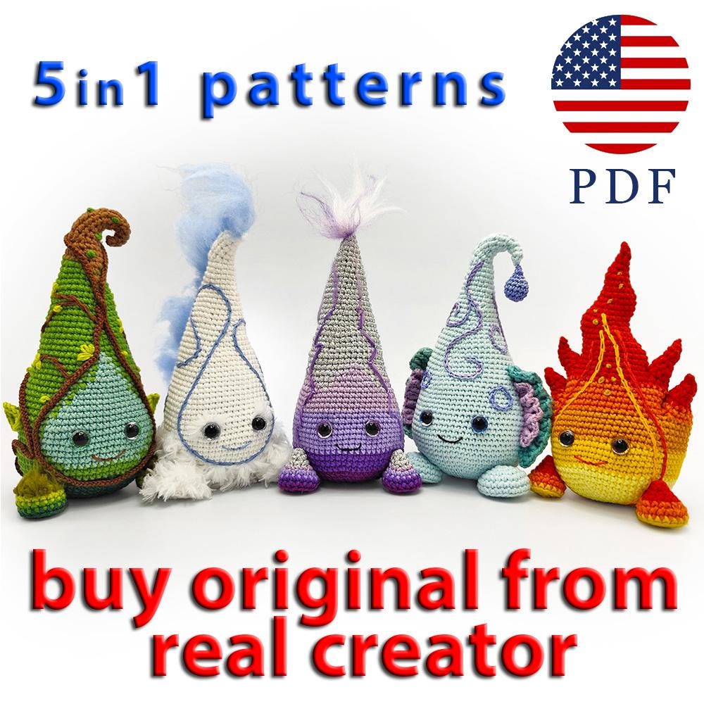 Elemental sprites crochet pattern, Bundle 5in1, Fantasy Amigurumi dragons, PDF tutorial