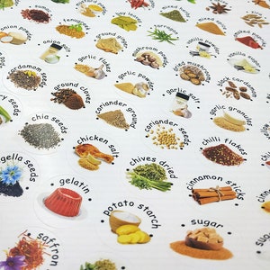 117 Spice labels quick-find, Mothers Day gift, Stickers with picture, Round jar, Spice Container, Laminated Seasoning label, Pantry labels