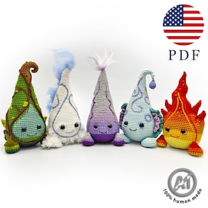 May include: Five crocheted plush figures in a row, each with a unique conical shape and embroidered facial features. The figures feature green, white, purple, light blue, and red-orange color schemes with various textures and yarn embellishments.