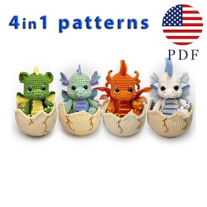 Haakpatroon elementaire babydraken, 4in1, zelfstudie dinosaurus uitkomen, fantasieamigurumi, pdf Instant download