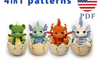 Patrón de crochet de dragones bebés elementales, 4 en 1, tutorial de eclosión de dinosaurios, amigurumi de fantasía, descarga instantánea en PDF.