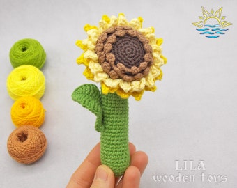 Juguete de girasol para bebés, Sonajero de ganchillo para bebés, Regalos para bebés de girasol, Sonajero de flores, Regalo para baby shower