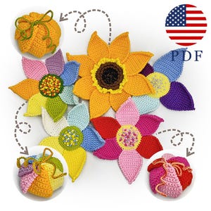 Crochet Flower Gift Box Pattern 5in1, No Sew Coaster Set (PDF Tutorial), Small gift bag