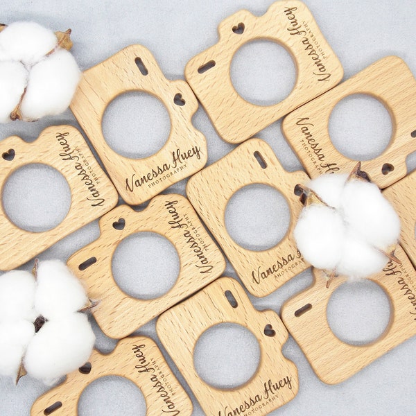 HIGH END photographer client gift, Wooden camera teether, Newborn photographer props, Camera toy, Custom logo engraving