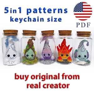 May include: Five glass jars with cork stoppers, each containing a unique, crocheted creature. The creatures are in various colours, including white, green, purple, red, and blue. Text on the image reads "5 in 1 patterns keychain size" and "buy original from real creator."