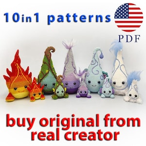 Peut inclure: Une collection de dix patrons de crochet uniques pour des créatures fantaisistes. L'image présente diverses poupées amigurumi colorées faites à la main, avec des motifs sur le thème du feu, de l'eau et des plantes. Le texte indique "10 in 1 patterns" et "buy original from real creator."