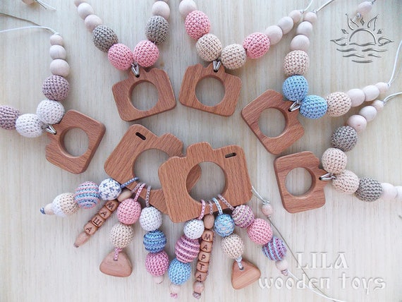 Free Ship Wood Teething Ring Seersucker Pink Necklace Mom Jewelry
