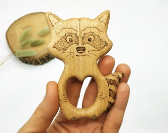 Raccoon baby teether, Baby shower gift, Wooden teething toy, Forest baby, Safe baby toy