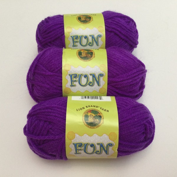 LION BRAND "FUN" Yarn - 3 Skeins - Purple - Medium #4 - Machine Washable & Dryable