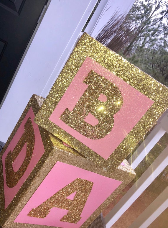 Baby Shower Centerpiece Jumbo Block 8inch Pink And Gold X1